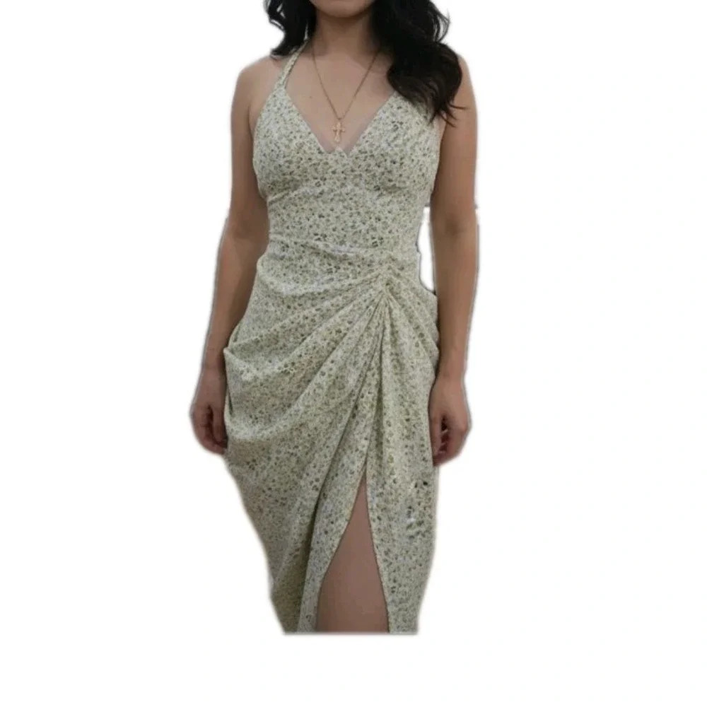 PrettyLittle Thing Green Daisy Floral Print Underwire Draped Midi Dress UK 10/US